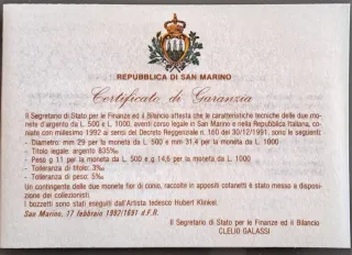 San Marino 1992 Dittico Monete Argento Olimpiade