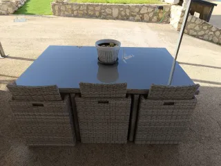 Conjunto Mesa y Sillones Jardín Ratán Gris