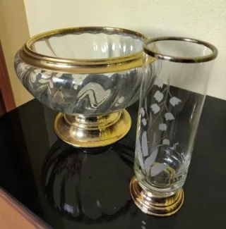 Centro de mesa y jarrón cristal dorado