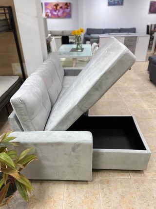 Sofá Chaise Longue Gris + Cama y Arcón Nuevo