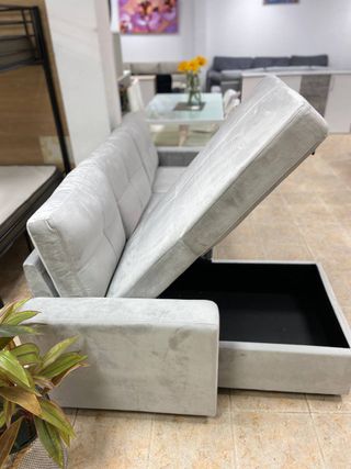 Sofá Chaise Longue Gris + Cama y Arcón Nuevo