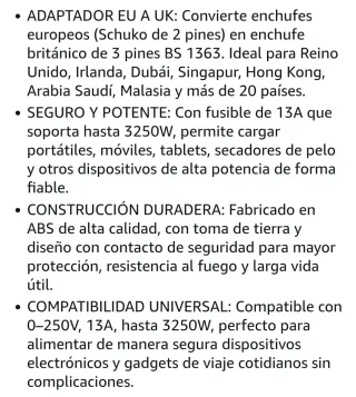 Adaptador Enchufe Europeo a UK (3 uds)