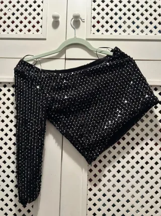 Mango Top Asimétrico Lentejuelas Negro Talla XS
