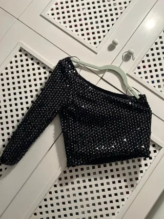 Mango Top Asimétrico Lentejuelas Negro Talla XS