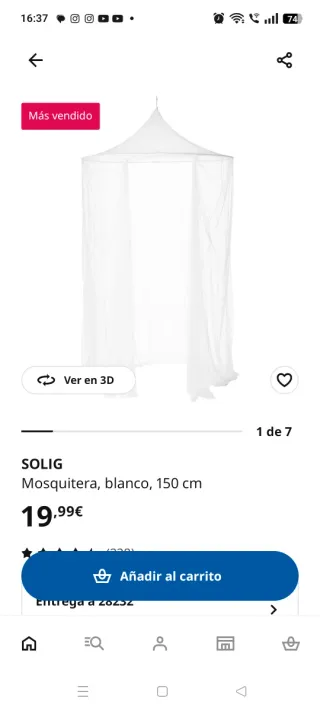 Mosquitera de cama 150 cm. Con aro techo