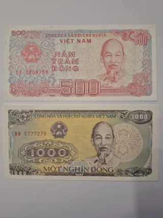2 Billetes Vietnam 500 y 1000 Dong