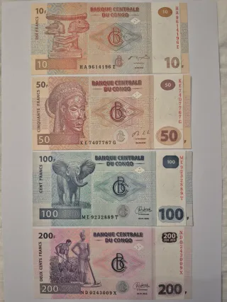Lote 4 Billetes Congo 10, 50, 100, 200 Francos