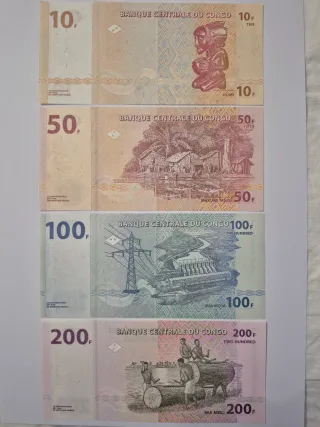 Lote 4 Billetes Congo 10, 50, 100, 200 Francos