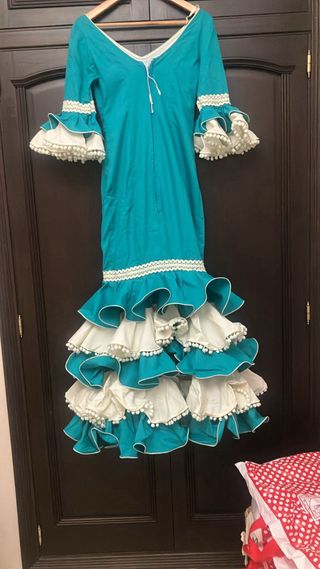 Traje de Flamenca Azul y beige Hecho a medida