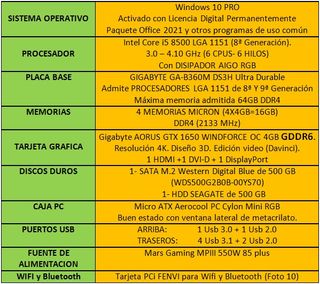 Ordenador GAMING: i5-8500+GTX 1650 OC 4GB GDDR6