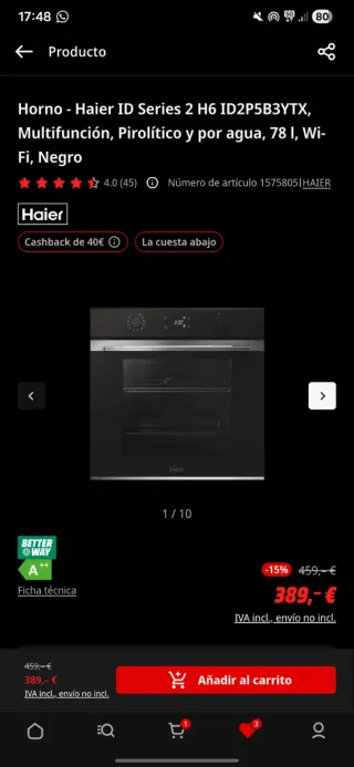 Horno PRECINTADO Haier ID Series 2 H6 Negro
