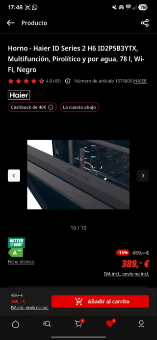 Horno PRECINTADO Haier ID Series 2 H6 Negro