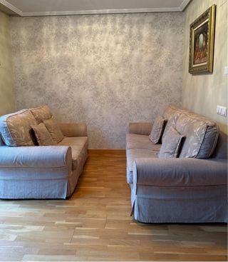 Conjunto de sofás 3 y 2 plazas tela beige/blanco