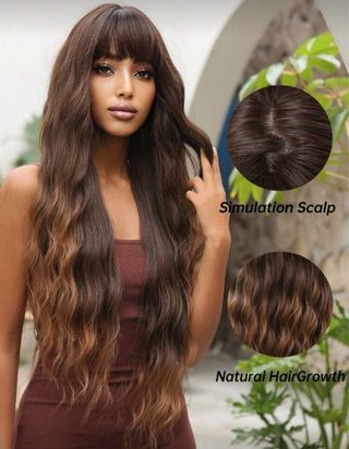 Peluca marrón mechas claras sintetica calidad