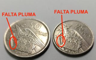 2 Monedas 25 y 50 Ptas. Franco - Falta Pluma