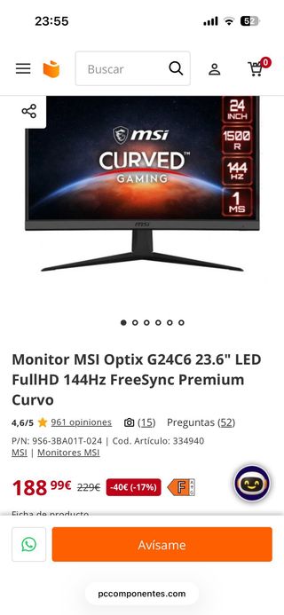 Monitor gaming MSI Curvo 144Hz + Soporte