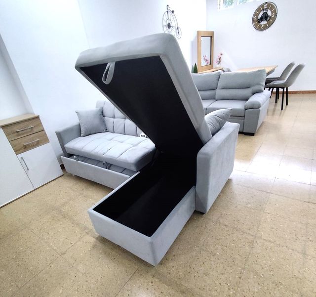 Sofá chaise longue gris nuevo con arcón