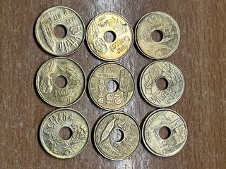 Lote 9 monedas 25 pesetas varias