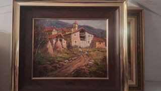 Cuadro paisaje pueblo pintado al óleo
