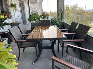 Mesa Comedor Terraza + 6 Sillas Mimbre