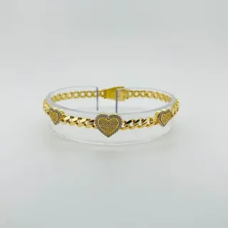 Pulsera barbada con 3 corazones y circonitas