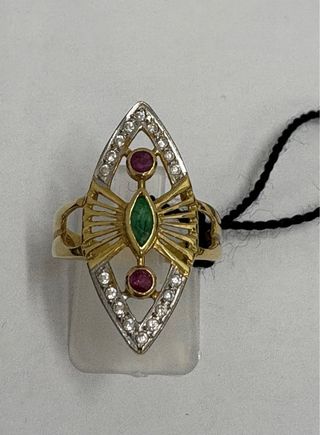 Anillo Oro Lanzadera con Esmeralda y Rubíes