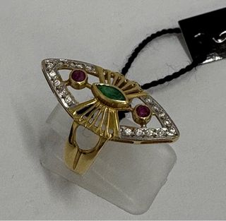 Anillo Oro Lanzadera con Esmeralda y Rubíes