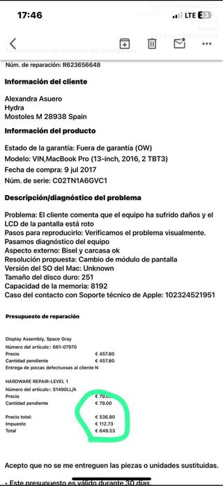 MAC BOOK PRO 13’ Portátil Apple Gris Espacial