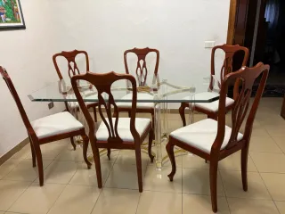 Mesa Comedor Cristal y 6 Sillas Madera