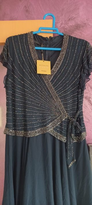 Vestido fiesta mujer azul con pedrería.