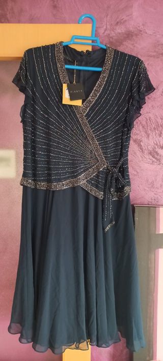 Vestido fiesta mujer azul con pedrería.