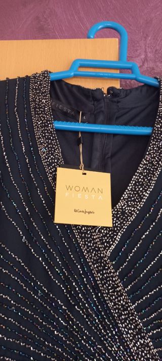 Vestido fiesta mujer azul con pedrería.