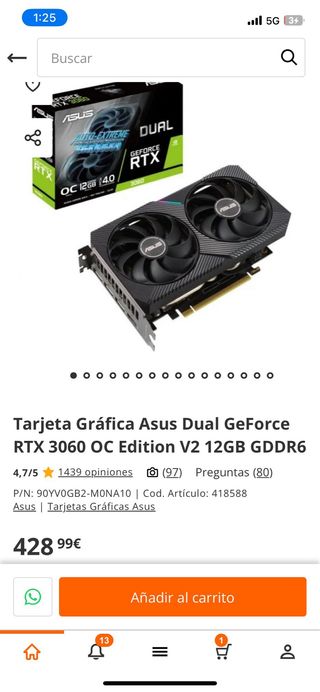 RTX 3060 12GB Nvidia Asus Tarjeta Gráfica