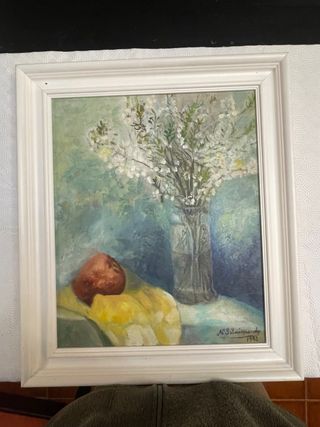 Cuadro floral con jarrón y fruta