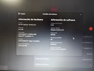 Portátil HP Ryzen 3 8GB RAM Ubuntu 64 bits