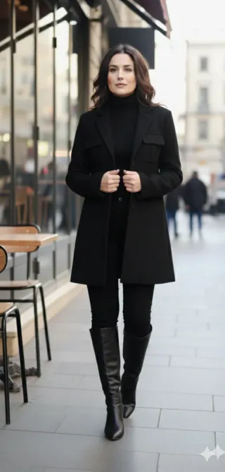 Chaqueta Lana Larga Diseño Asimétrico Negra