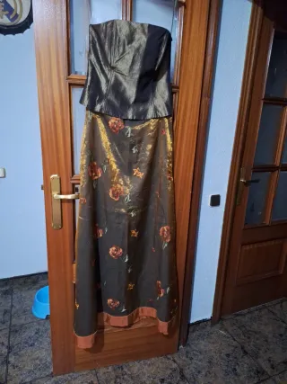 Vestido de fiesta largo maron, naranja y verde oli