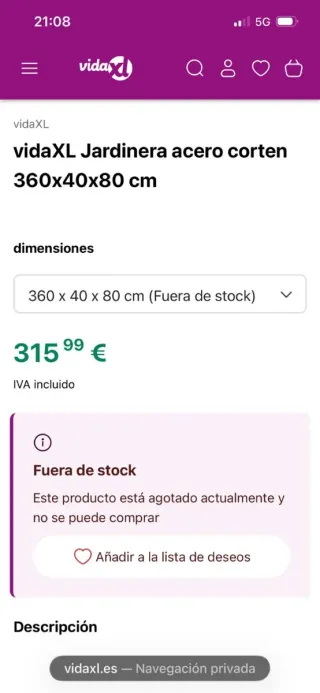 Jardinera acero corten vidaXL 360x40x80 cm