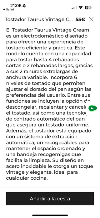 Tostadora Taurus Vintage Crema Doble Ranura