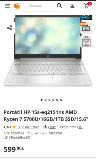 Portátil HP 15s-eq2151ns Ryzen 7 5700U