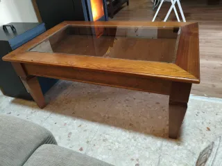 Mesa de centro elevable de madera pino y cristal