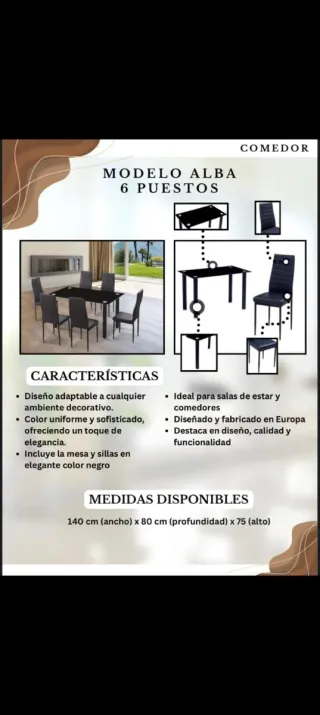 Mesa comedor cristal + 6 sillas negras