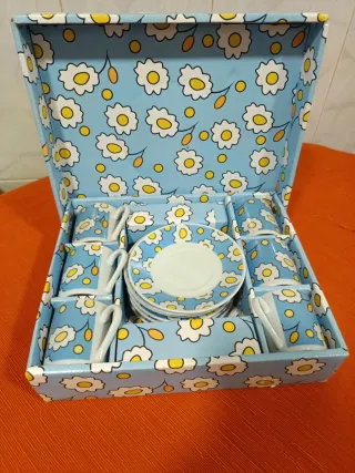 Juego Tazas Café Flores Azul