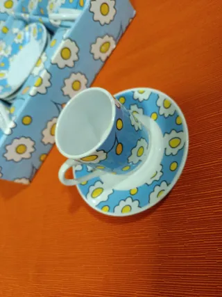 Juego Tazas Café Flores Azul