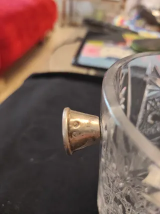 Cubitera antigua cristal plomo asas plata y pinzas