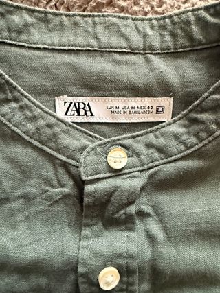 Camisa Zara Lino Cuello Mao Verde Talla M