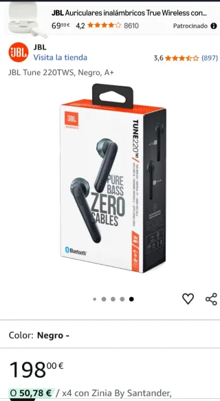 Auriculares JBL TUNE220TWS Negro Precintados