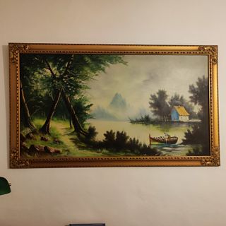 Cuadro paisaje lago y casa