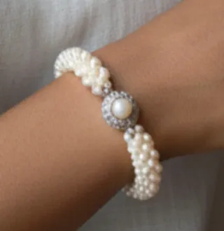 Pulsera trenzada vintage perlas y plata