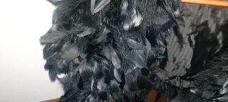 Vestido de fiesta negro con plumas y estola.